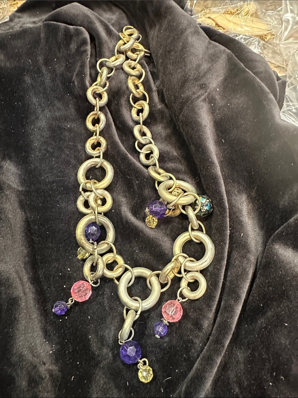 Gold-Tone Chunky Link Necklace with Pink & Purple Beads